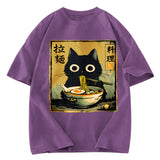 Tokyosol Cute Black Cat Eating Ramen Washed T-Shirt