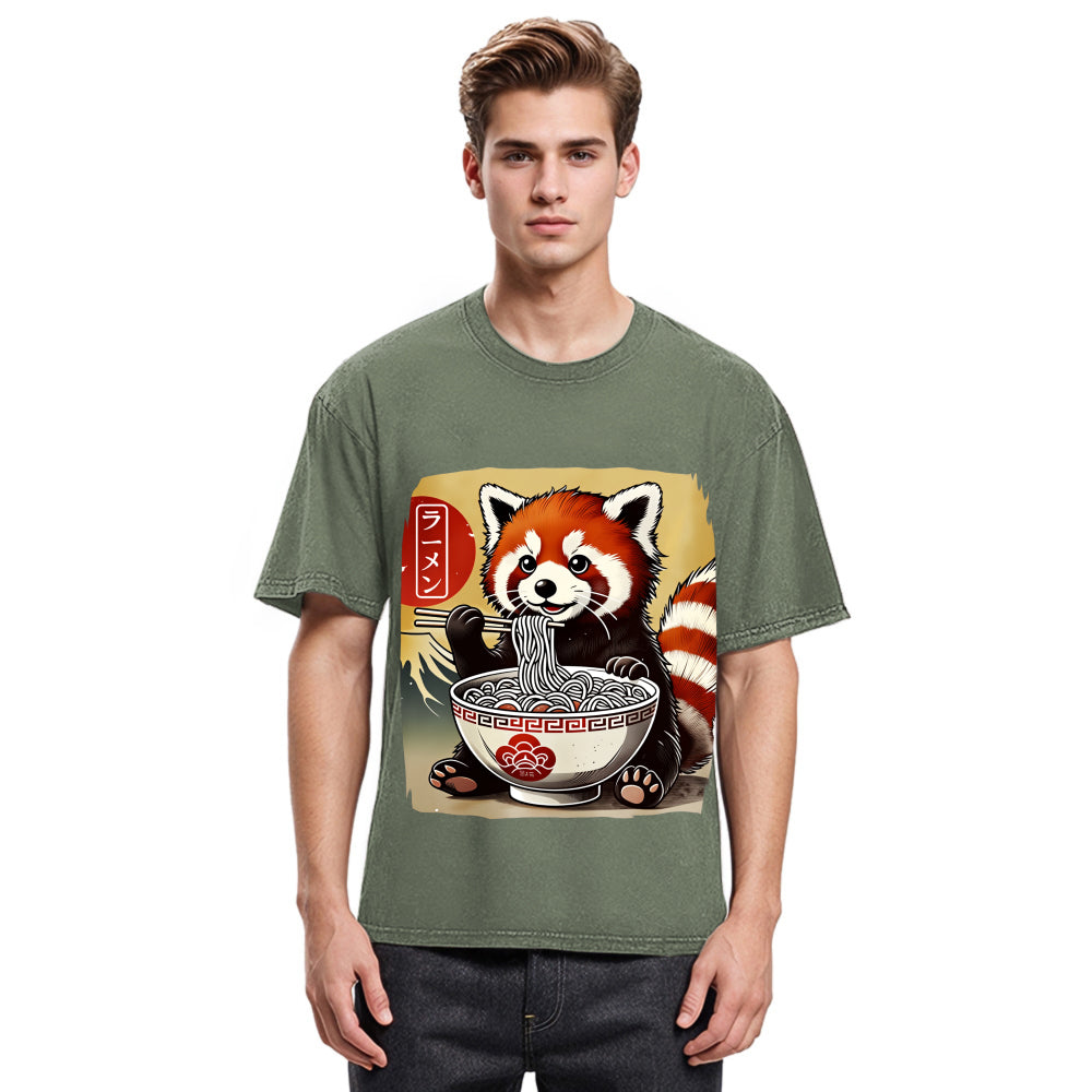 Tokyosol Cute Raccoon Eating Ramen Washed T Shirt