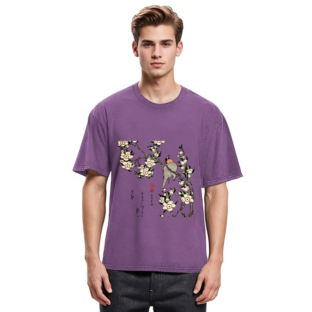 Tokyosol Japanese Bird And Wood Painting Washed T Shirt