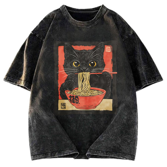 Tokyosol Kawaii Japanese Ramen Cat Vintage Washed T Shirt