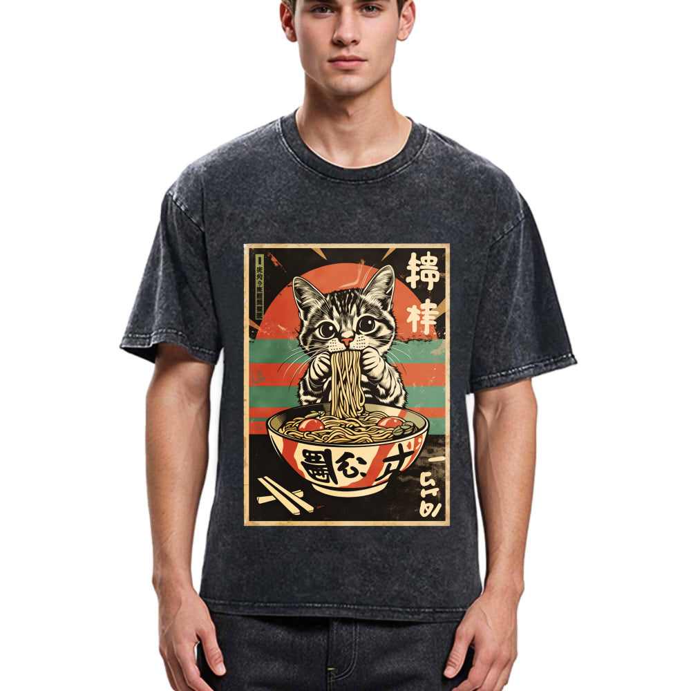 Tokyosol Kawaii Cat Lover Ramen Washed T Shirt