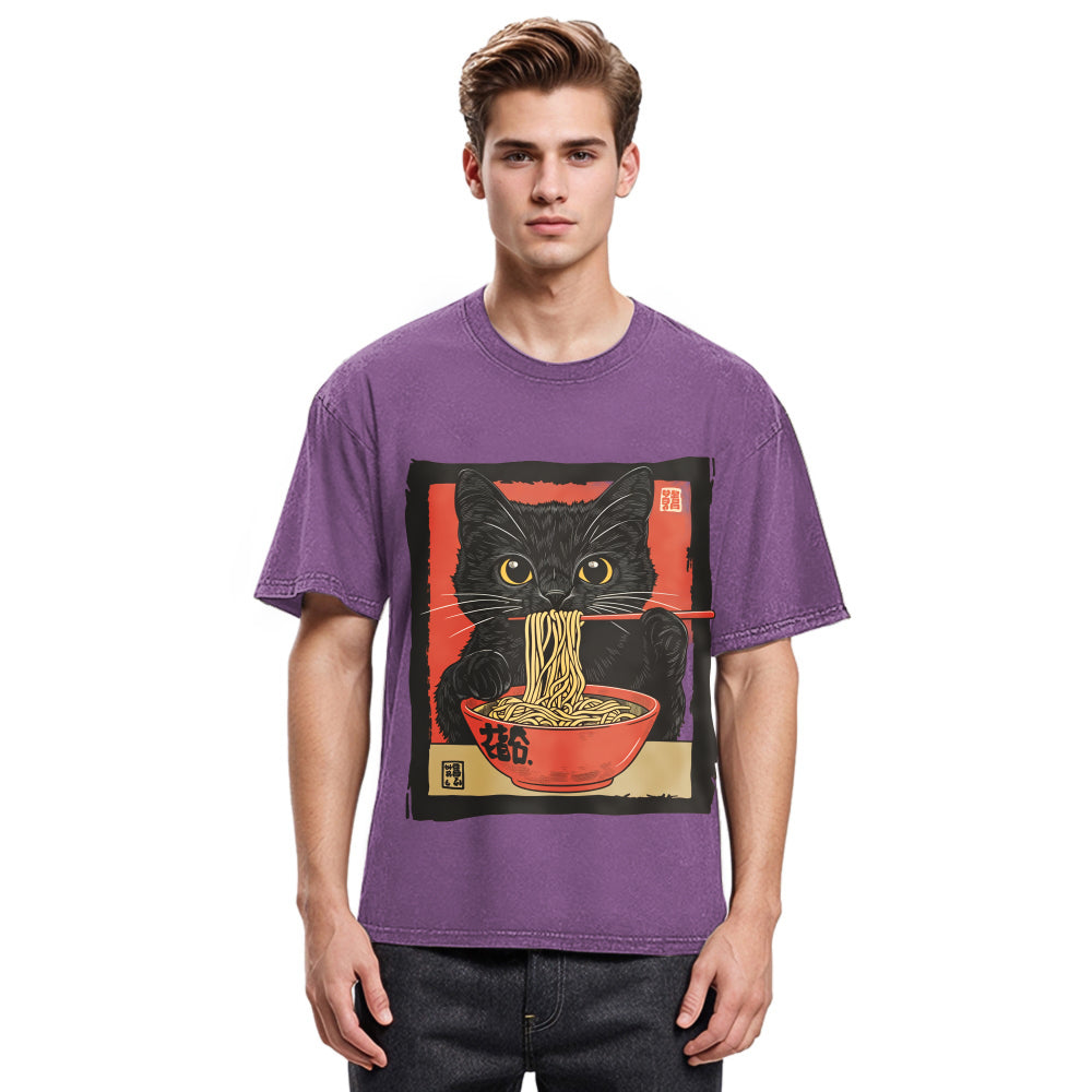 Tokyosol Kawaii Japanese Ramen Cat Vintage Washed T Shirt