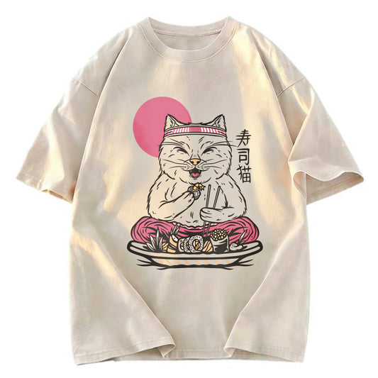 Tokyosol Cute Sushi Cat Eating Washed T Shirt