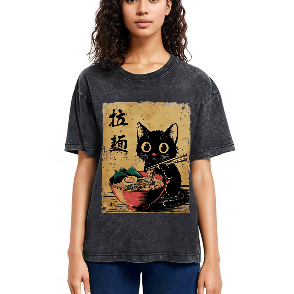 Tokyosol Retro Black Cat Eating Ramen Washed T Shirt