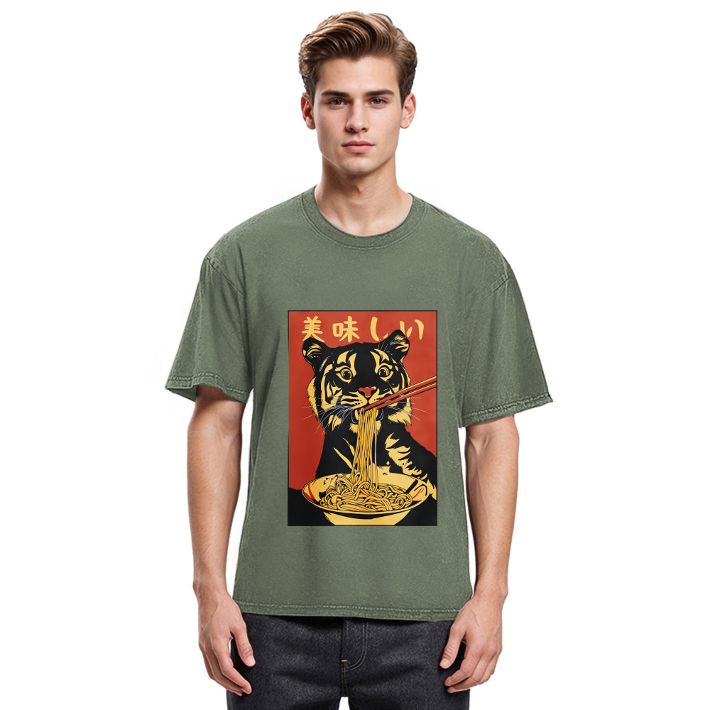Tokyosol Tiger Eating Delicious Ramen Washed T-Shirt