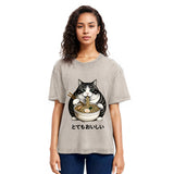 Tokyosol Fat Cat Eating Delicious Ramen Washed T Shirt