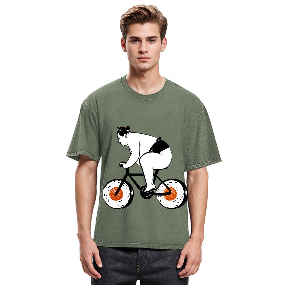 Tokyosol Sumo Riding A Sushi Bike Washed T Shirt