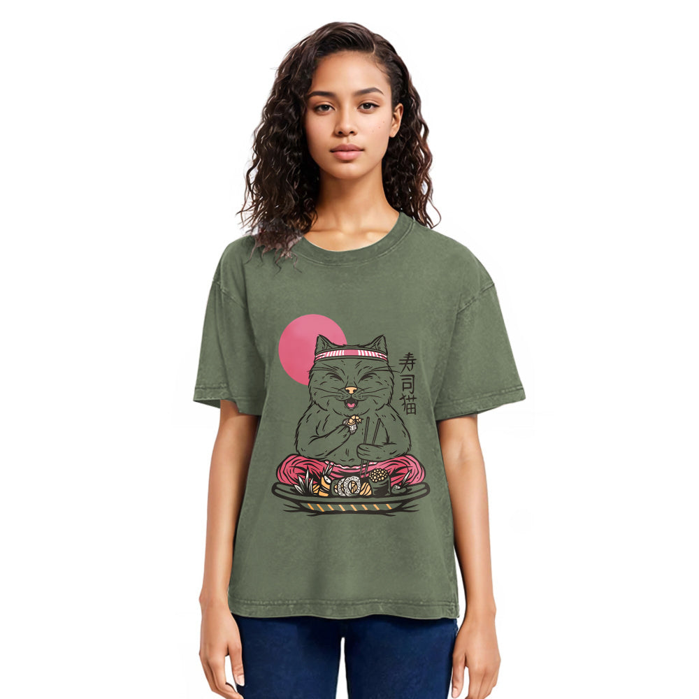 Tokyosol Cute Sushi Cat Eating Washed T Shirt