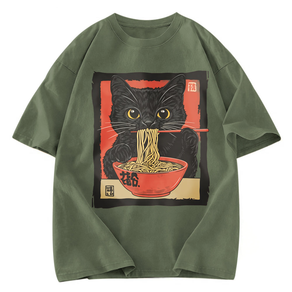 Tokyosol Kawaii Japanese Ramen Cat Vintage Washed T Shirt