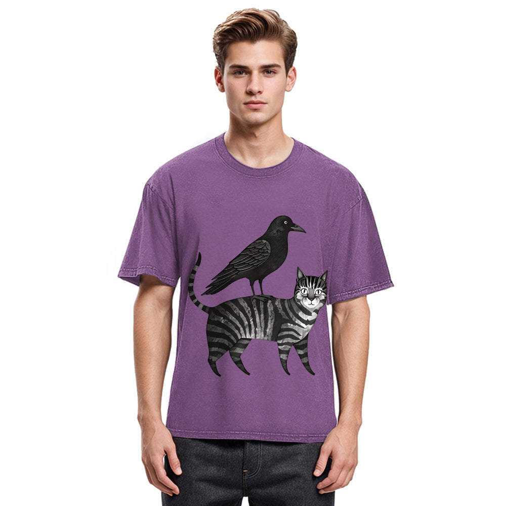 Tokyosol Crow Riding A Cat Washed T Shirt