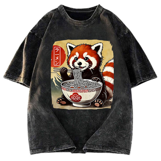 Tokyosol Cute Raccoon Eating Ramen Washed T Shirt