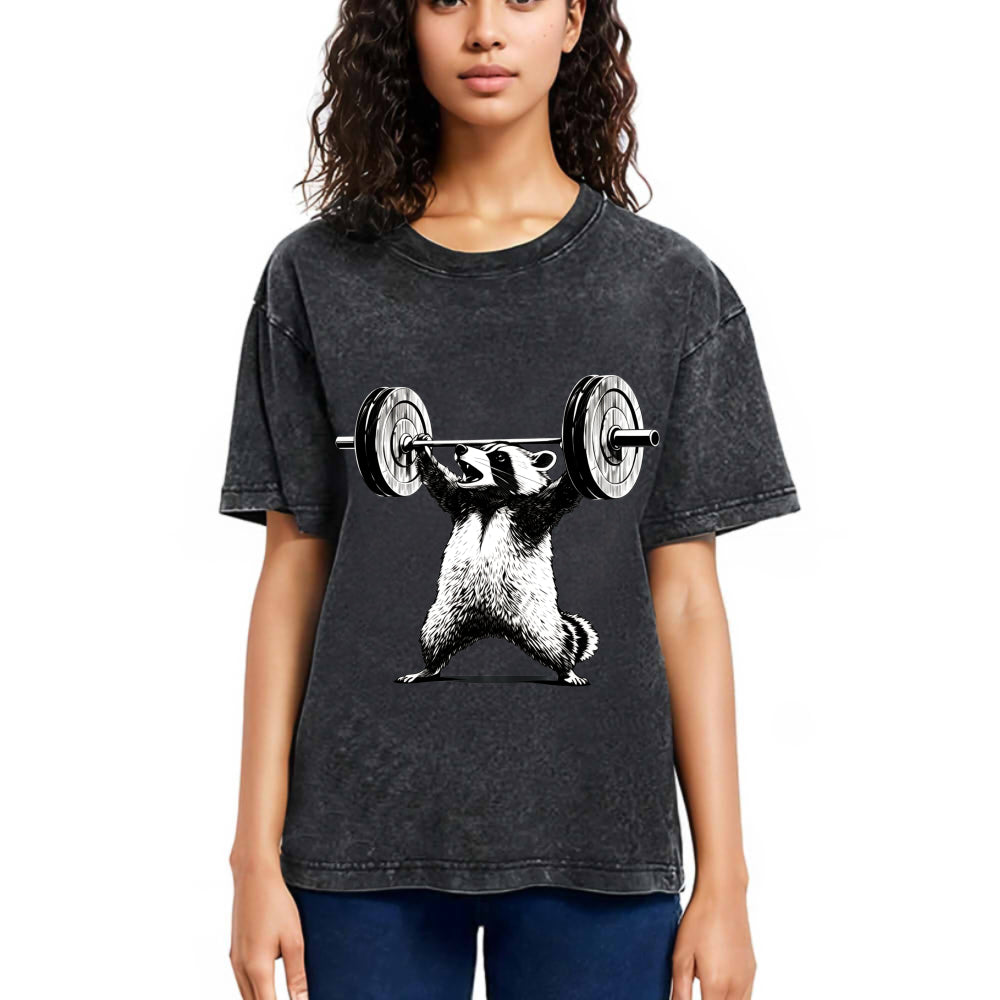 Tokyosol Raccoon Weightlifting Funny Washed T Shirt