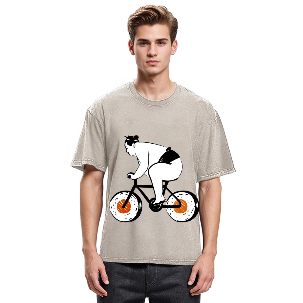Tokyosol Sumo Riding A Sushi Bike Washed T Shirt