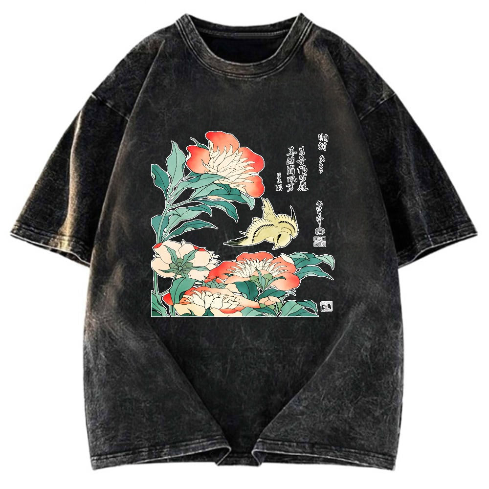 Tokyosol Hokusai Flowers Peonies Bird Washed T Shirt
