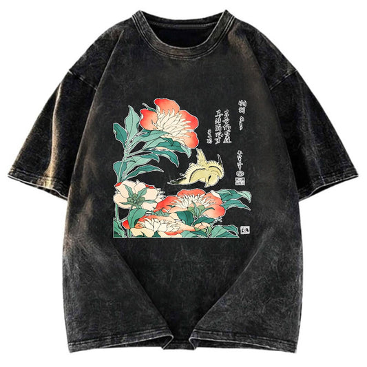 Tokyosol Hokusai Flowers Peonies Bird Washed T Shirt