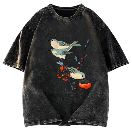 Tokyosol Japanese Art Birds On Cherry Blossom Washed T Shirt