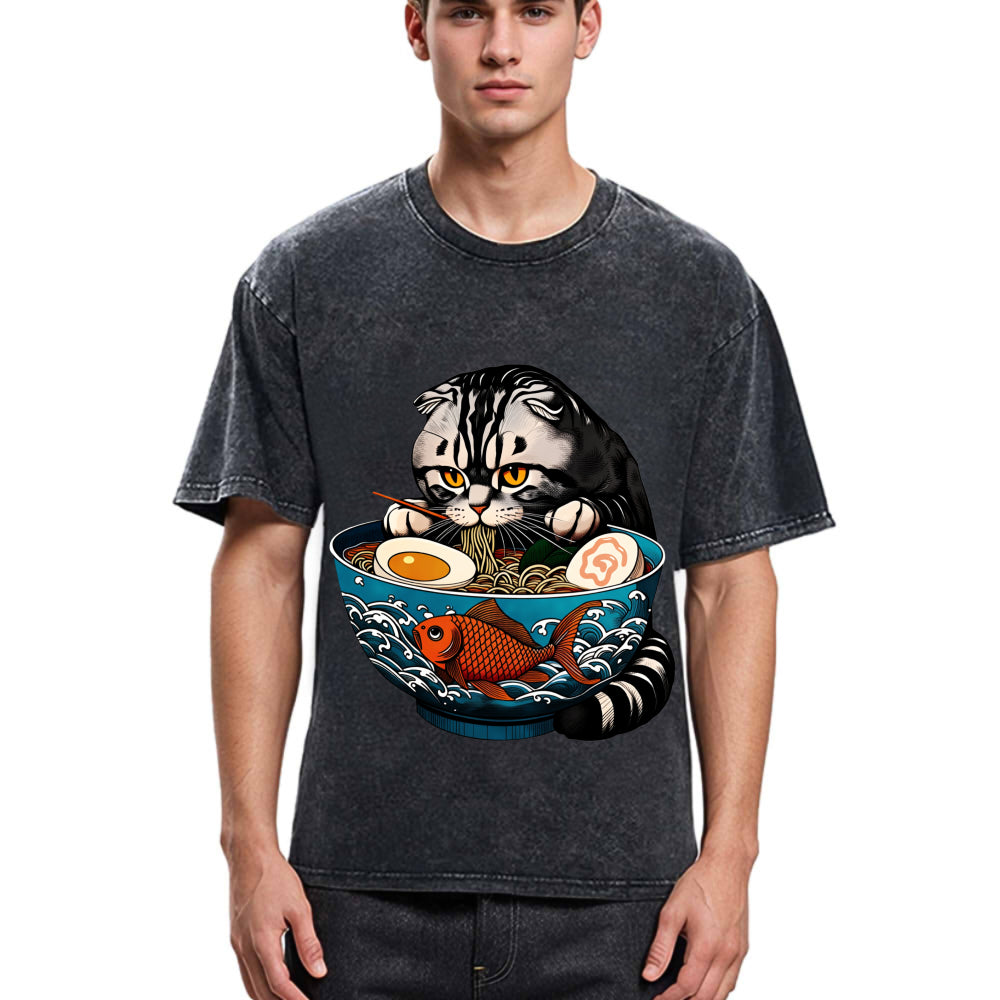 Tokyosol American Shorthair Cat Eating Ramen Washed T Shirt