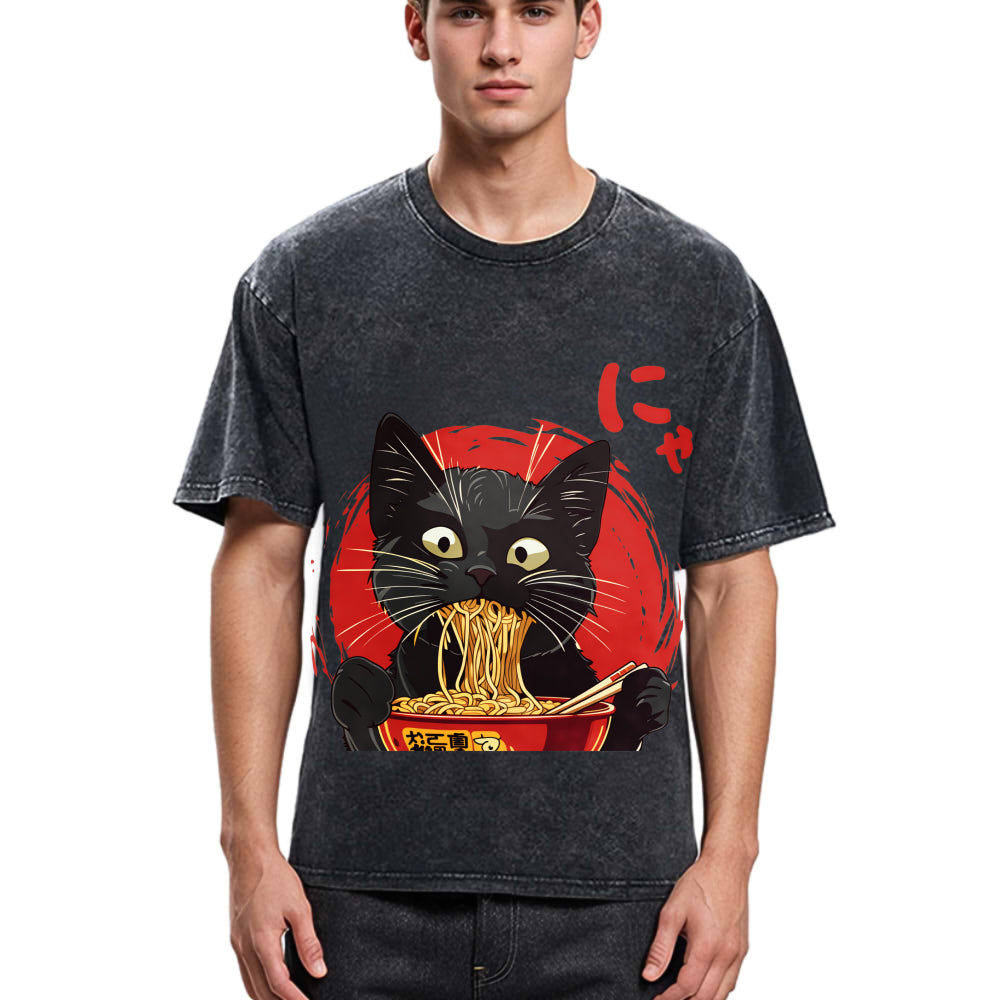 Tokyosol Japanese Ramen Black Cat Washed T Shirt