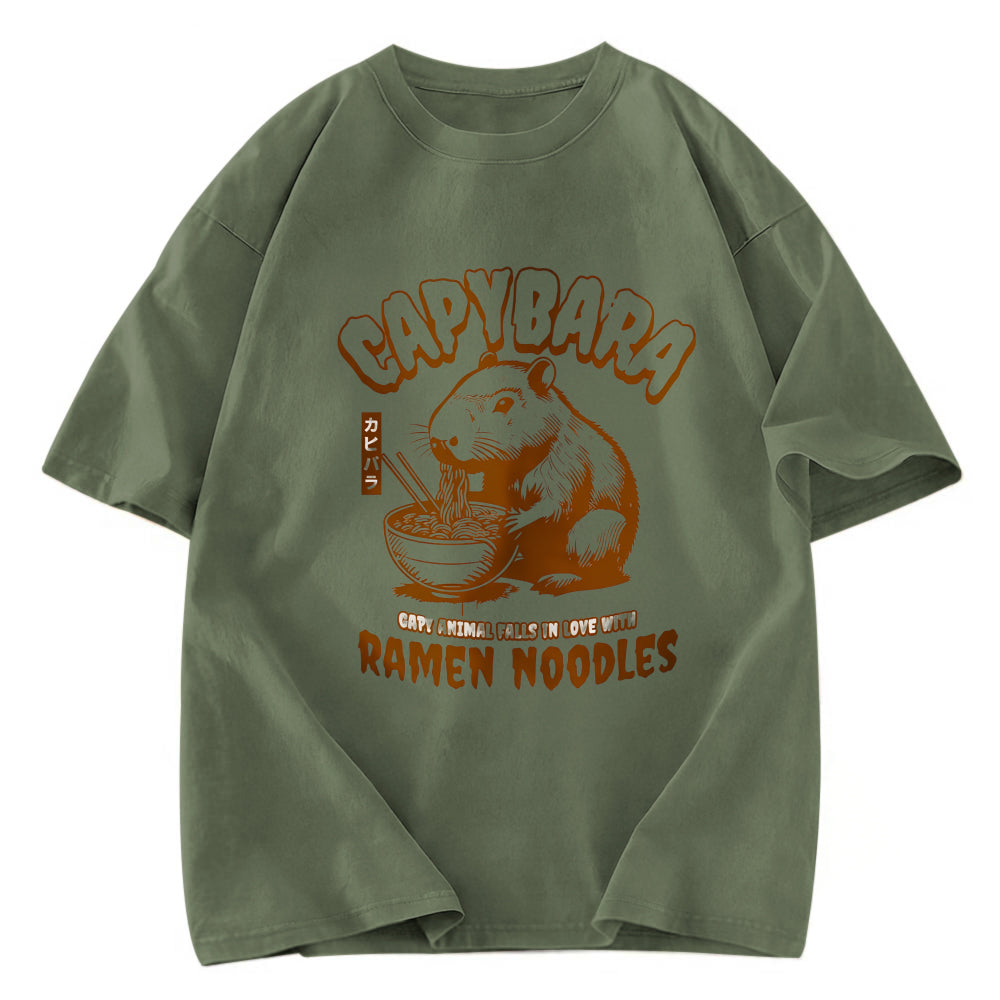 Tokyosol Retro Capybara Eating Ramen Washed T Shirt