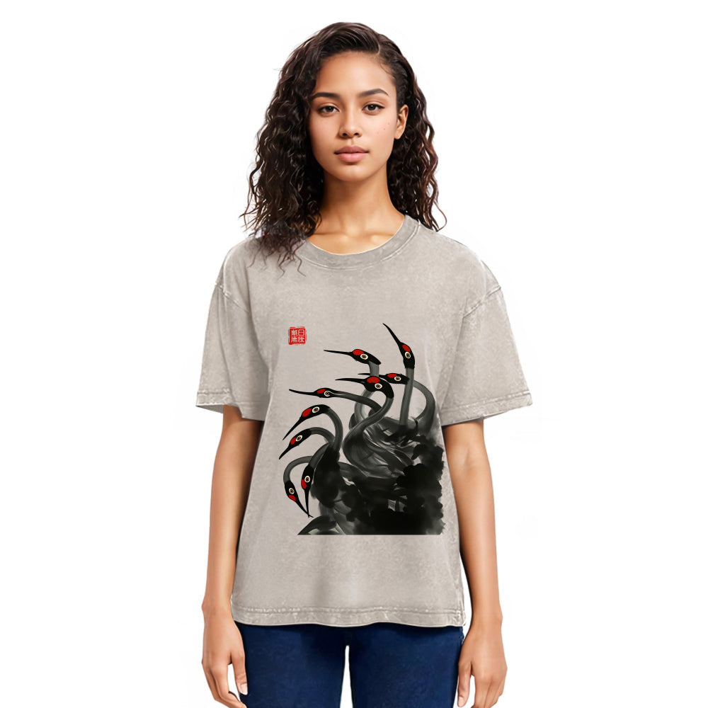 Tokyosol Retro Red Crowned Crane Washed T Shirt