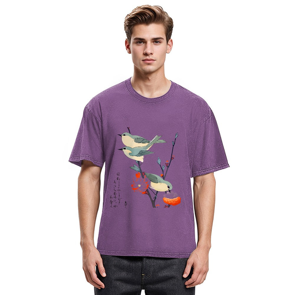 Tokyosol Japanese Art Birds On Cherry Blossom Washed T Shirt