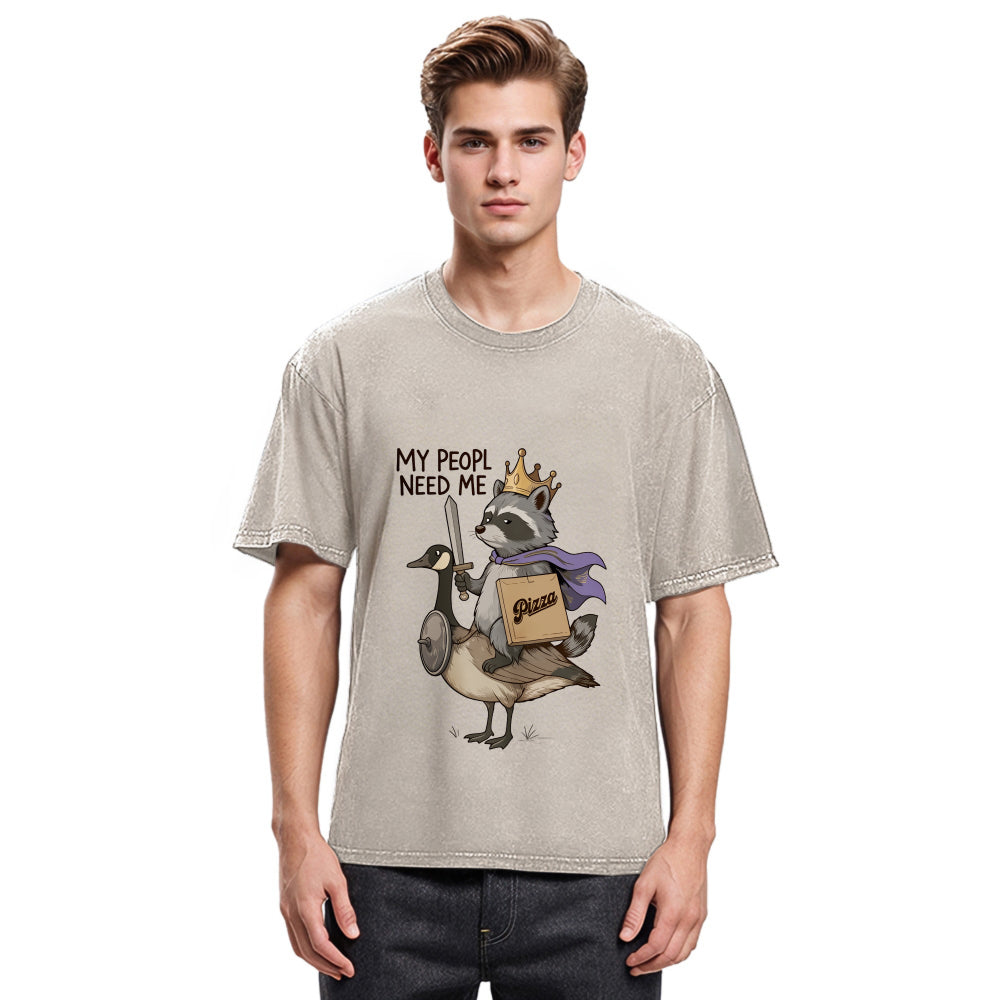 Tokyosol Funny Raccoon King Riding Goose Washed T Shirt