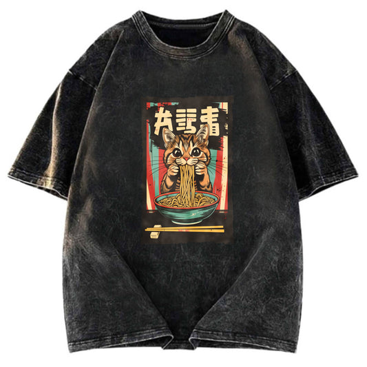 Tokyosol Kawaii Ramen Orange Cat Vintage Japanese Washed T Shirt