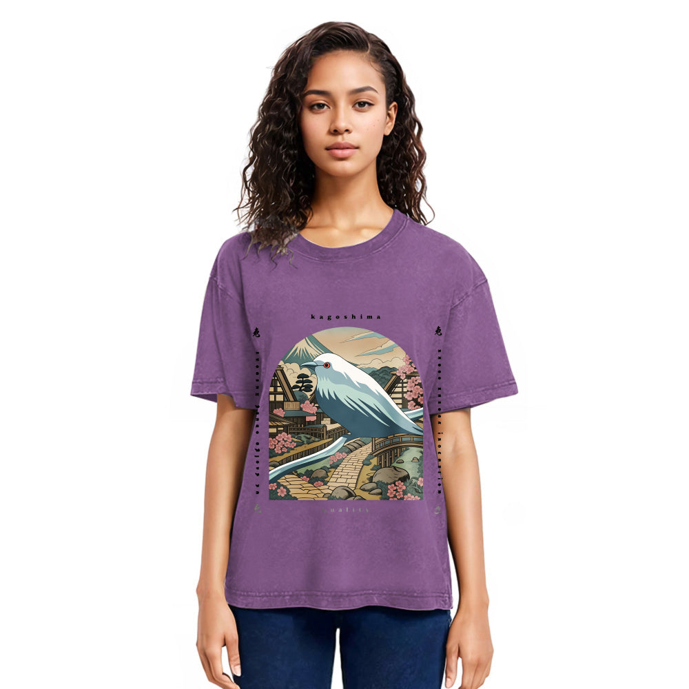 Tokyosol Retro Japan Culture Bird Washed T Shirt