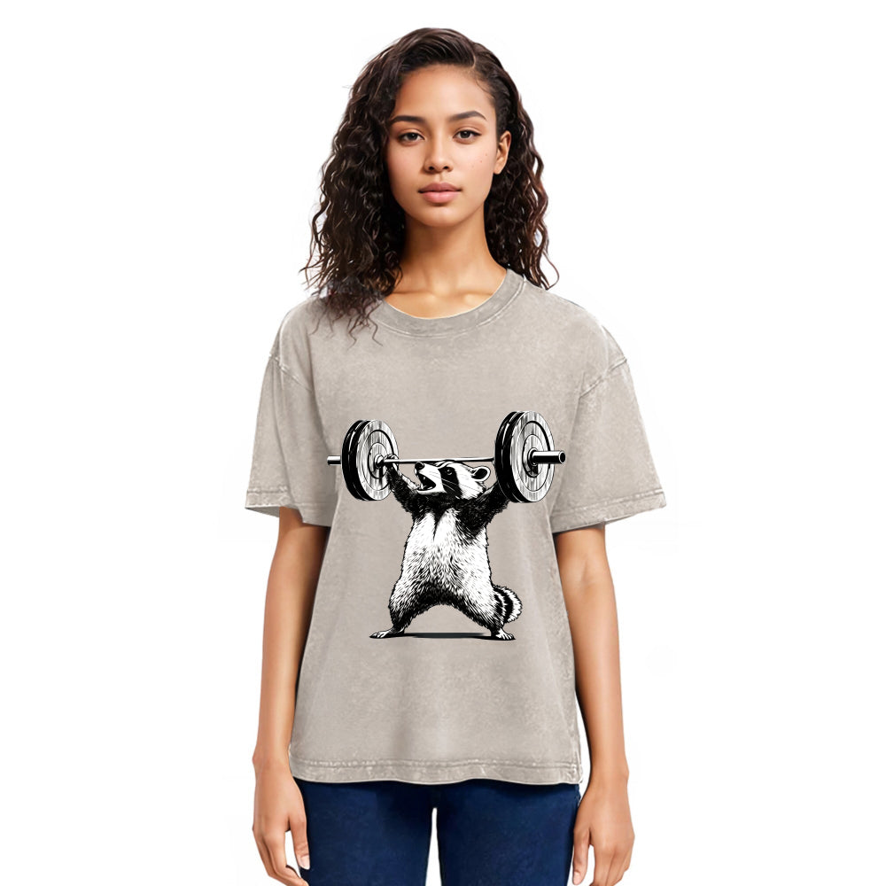 Tokyosol Raccoon Weightlifting Funny Washed T Shirt