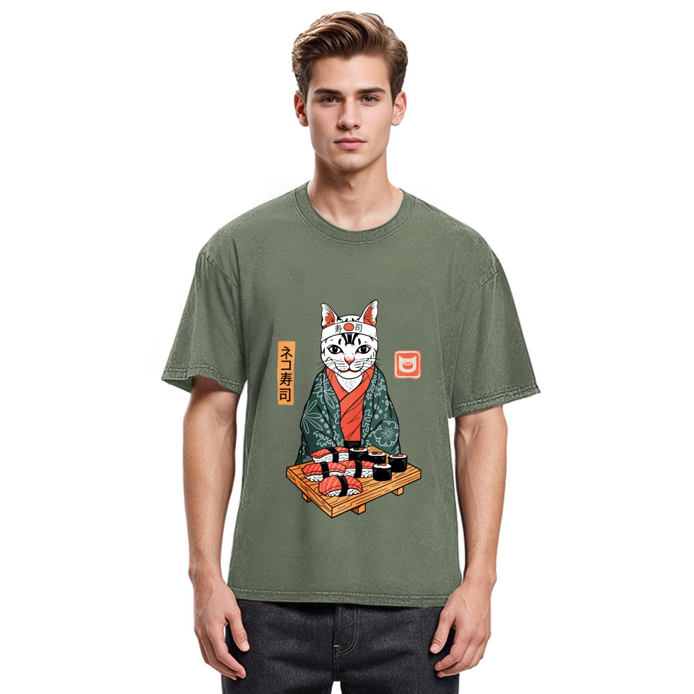 Tokyosol Neko Sushi Japan Culture Creative Washed T Shirt