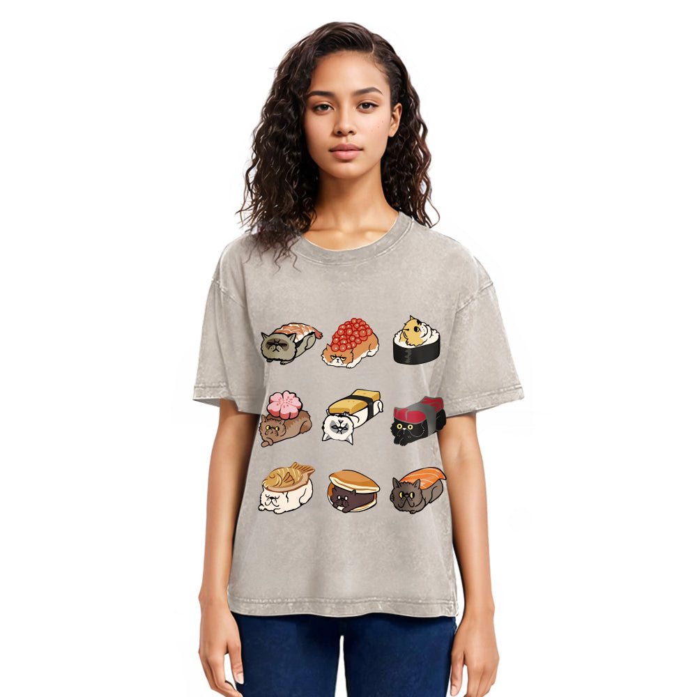 Tokyosol Cute Cat Sushi Washed T Shirt