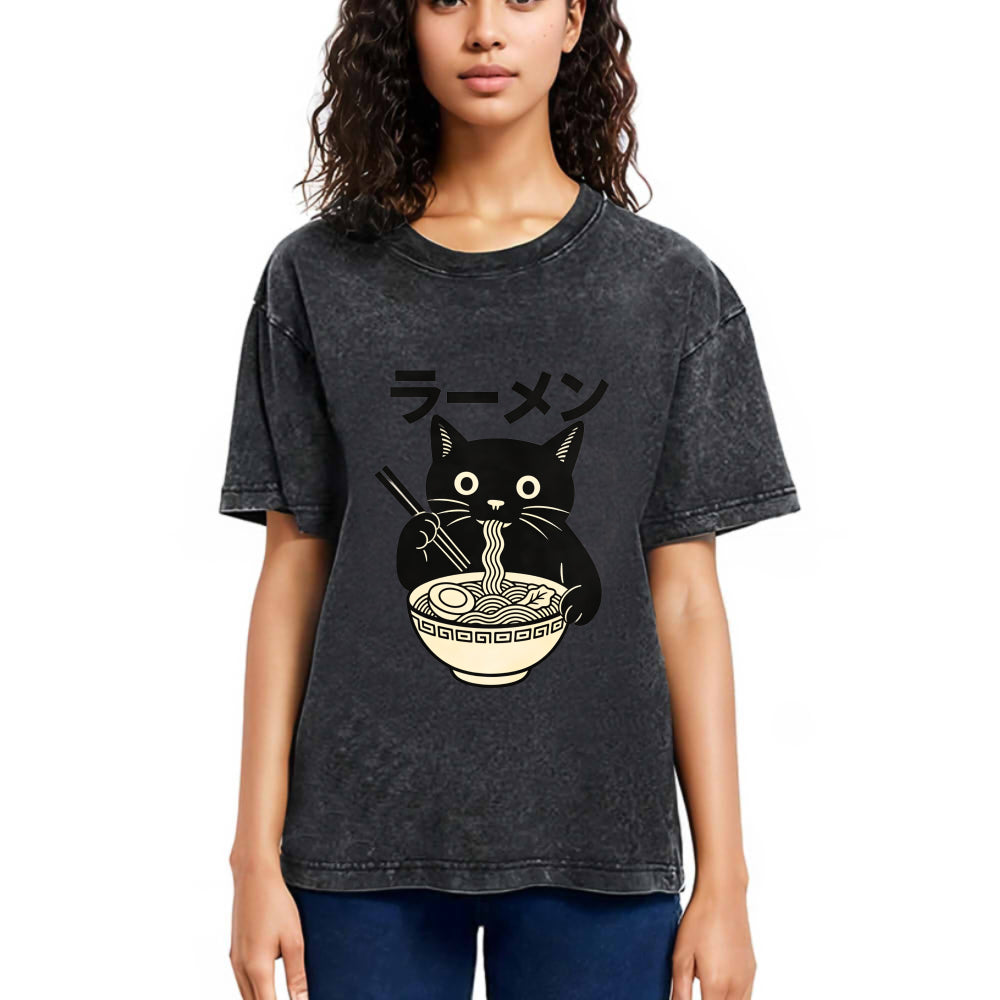 Tokyosol Simple Black Cat Eating Ramen Washed T Shirt