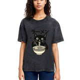 Tokyosol Simple Black Cat Eating Ramen Washed T Shirt