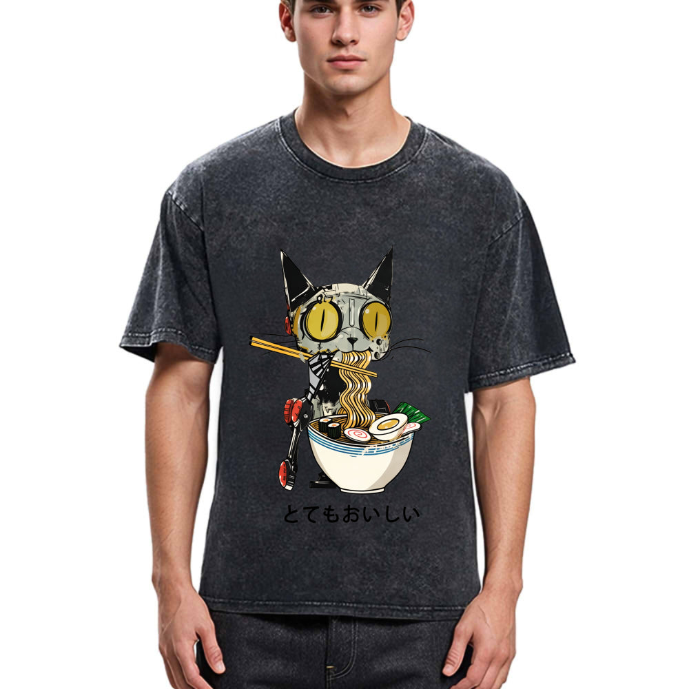 Tokyosol Ramen Lover Robot Cat Washed T Shirt