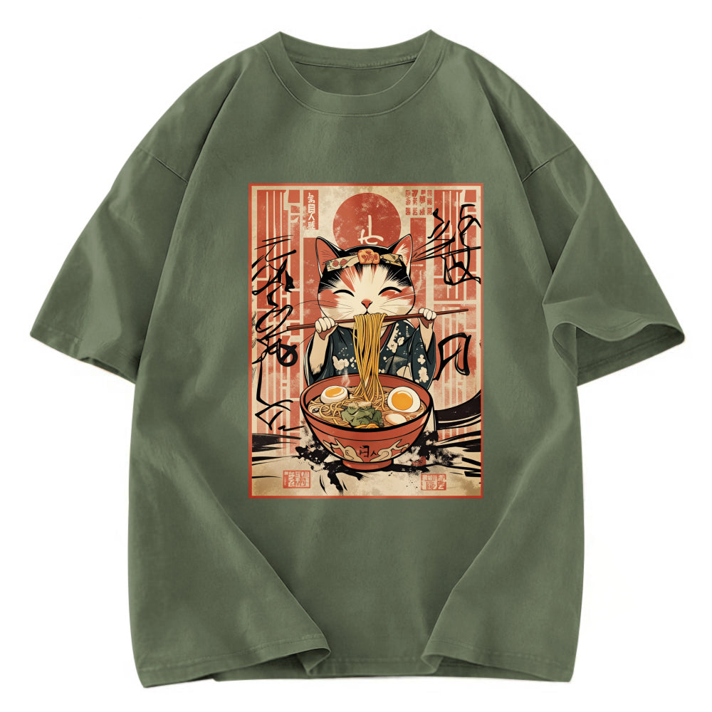Tokyosol Kawaii Japanese Cute Ramen Cat Washed T Shirt