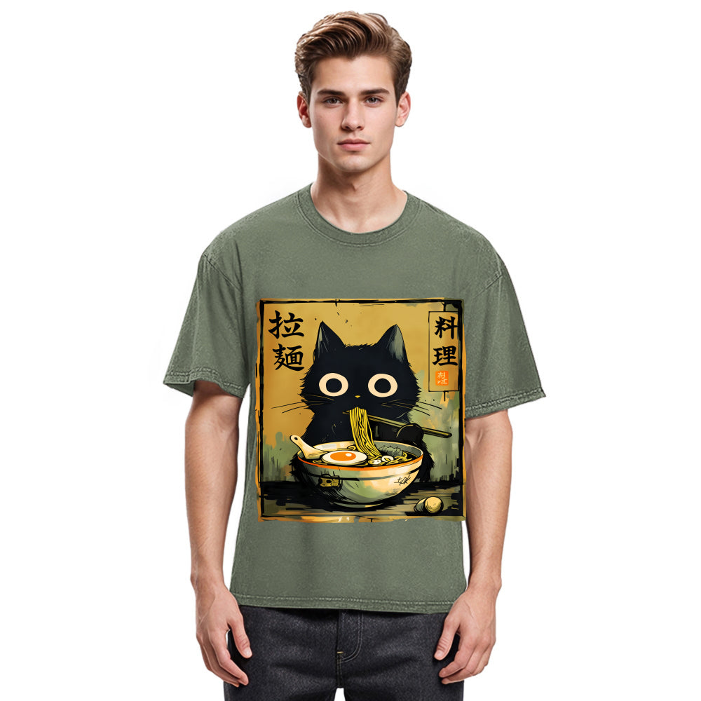 Tokyosol Cute Black Cat Eating Ramen Washed T-Shirt