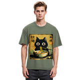 Tokyosol Cute Black Cat Eating Ramen Washed T-Shirt