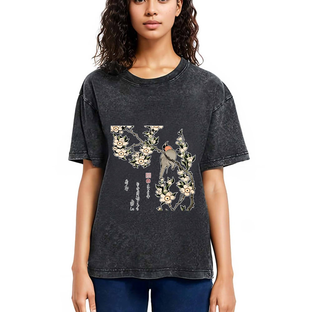 Tokyosol Japanese Bird And Wood Painting Washed T Shirt