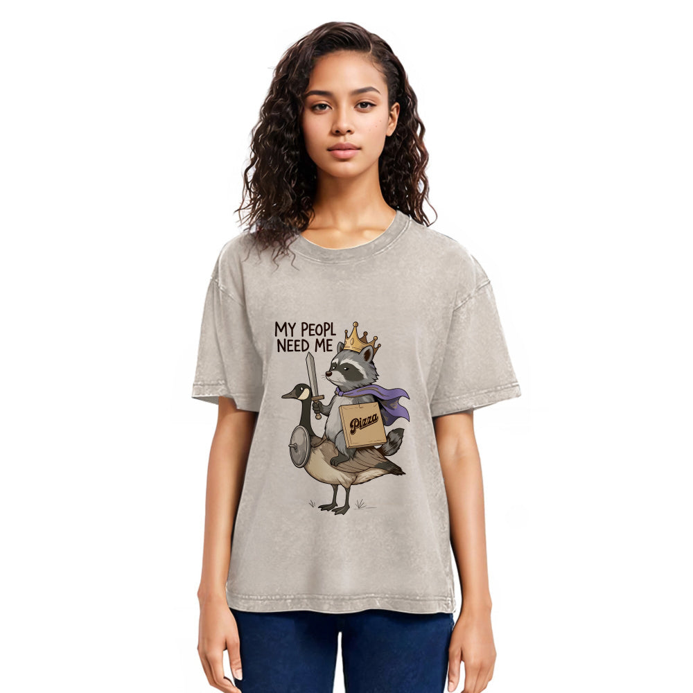 Tokyosol Funny Raccoon King Riding Goose Washed T Shirt