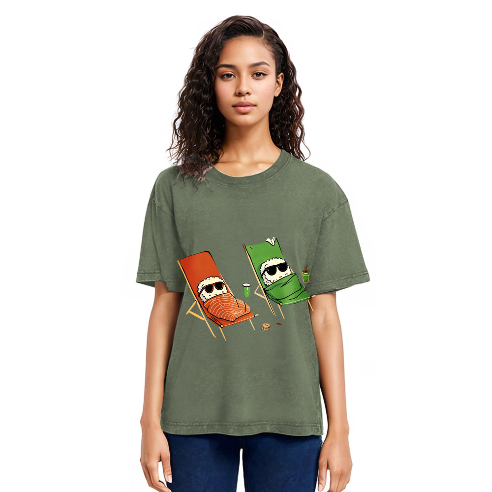 Tokyosol Funny Sushi Sunbathing Washed T Shirt