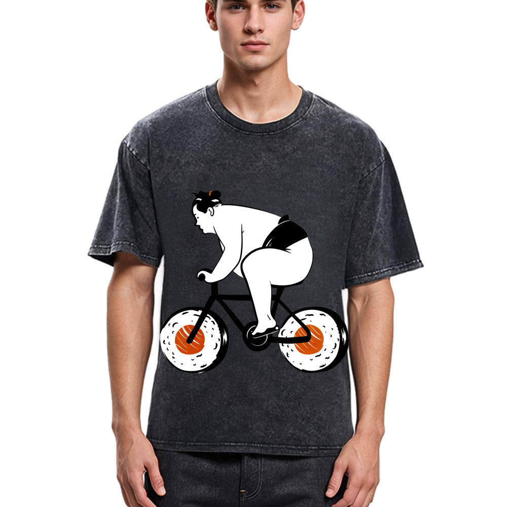 Tokyosol Sumo Riding A Sushi Bike Washed T Shirt