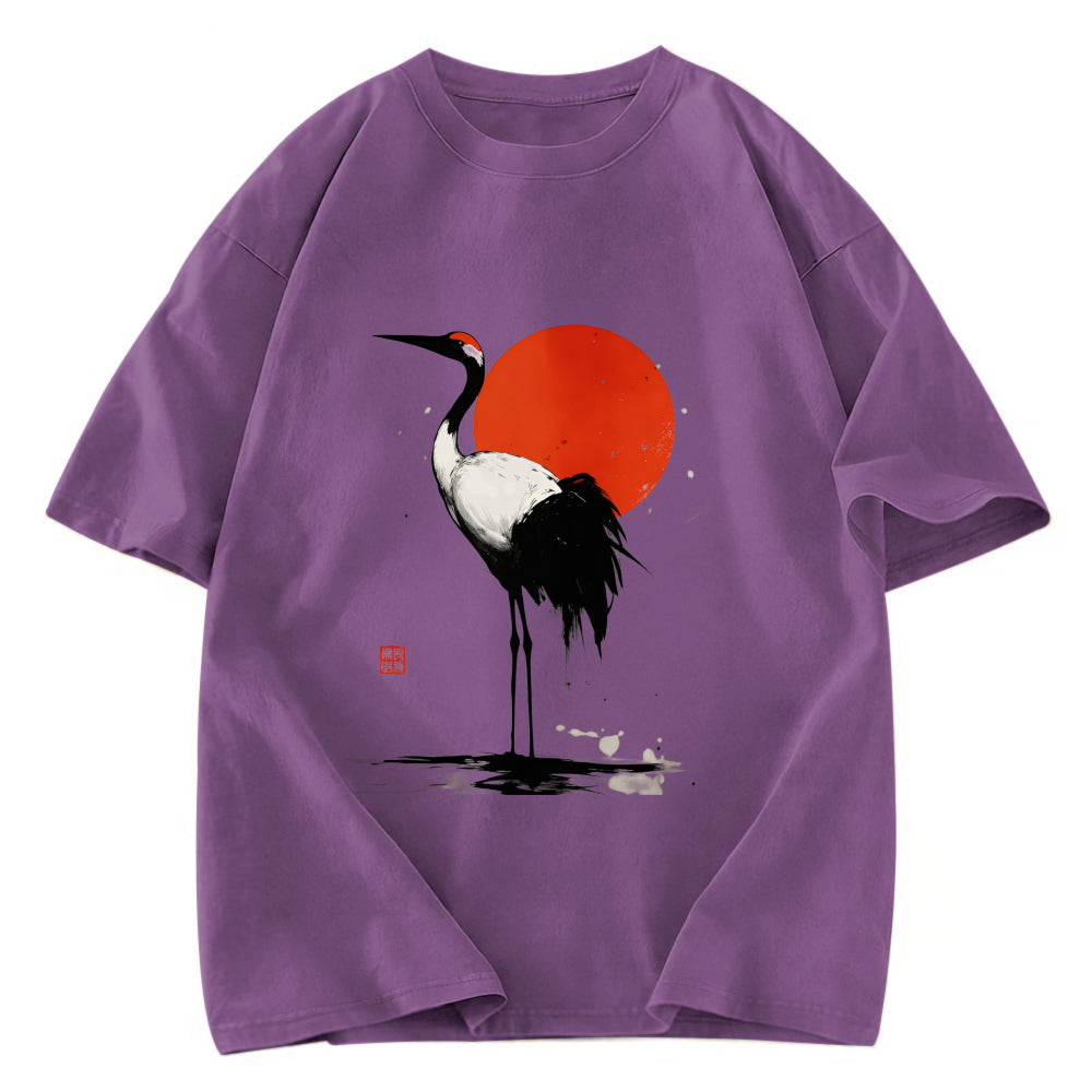 Tokyosol Retro Japanese Red Crowned Crane Washed T Shirt