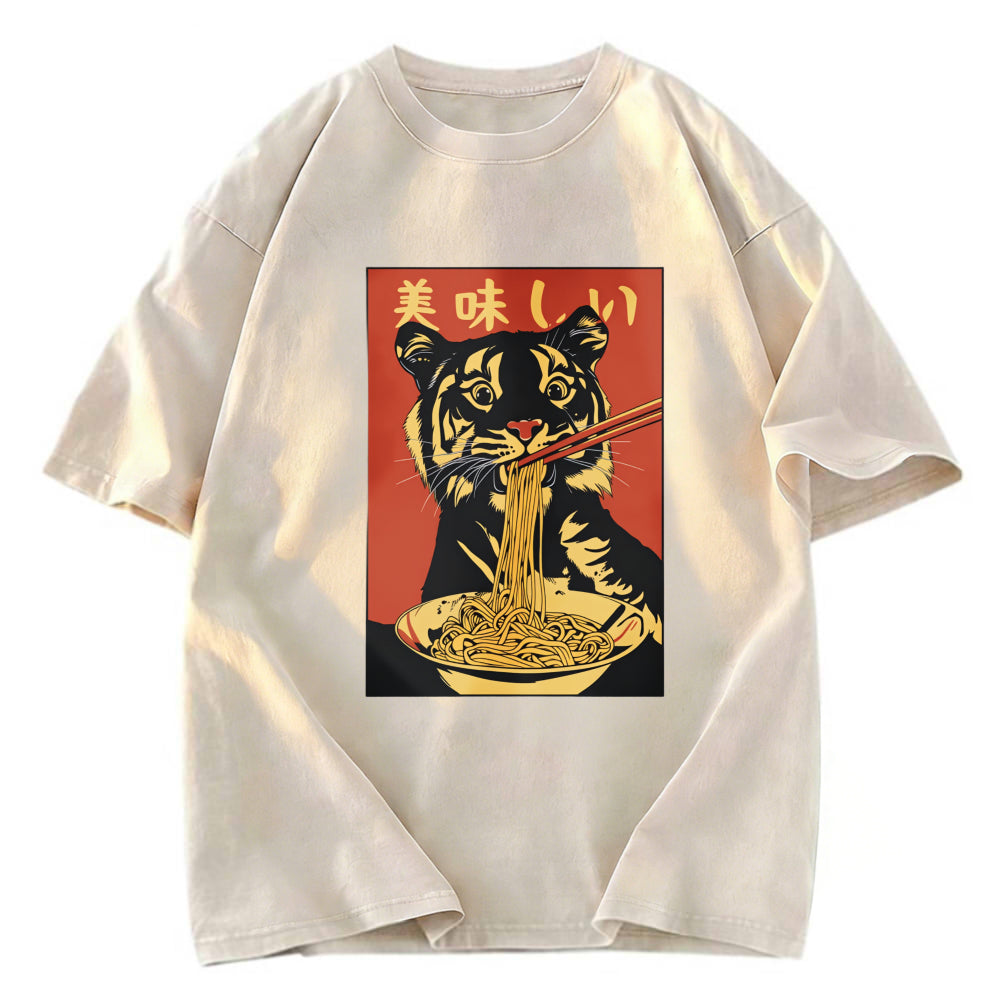 Tokyosol Tiger Eating Delicious Ramen Washed T-Shirt