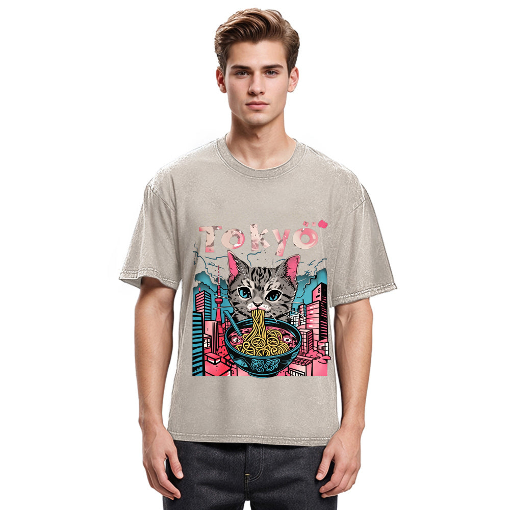 Tokyosol Tokyo Ramen Pink Cat Washed T Shirt