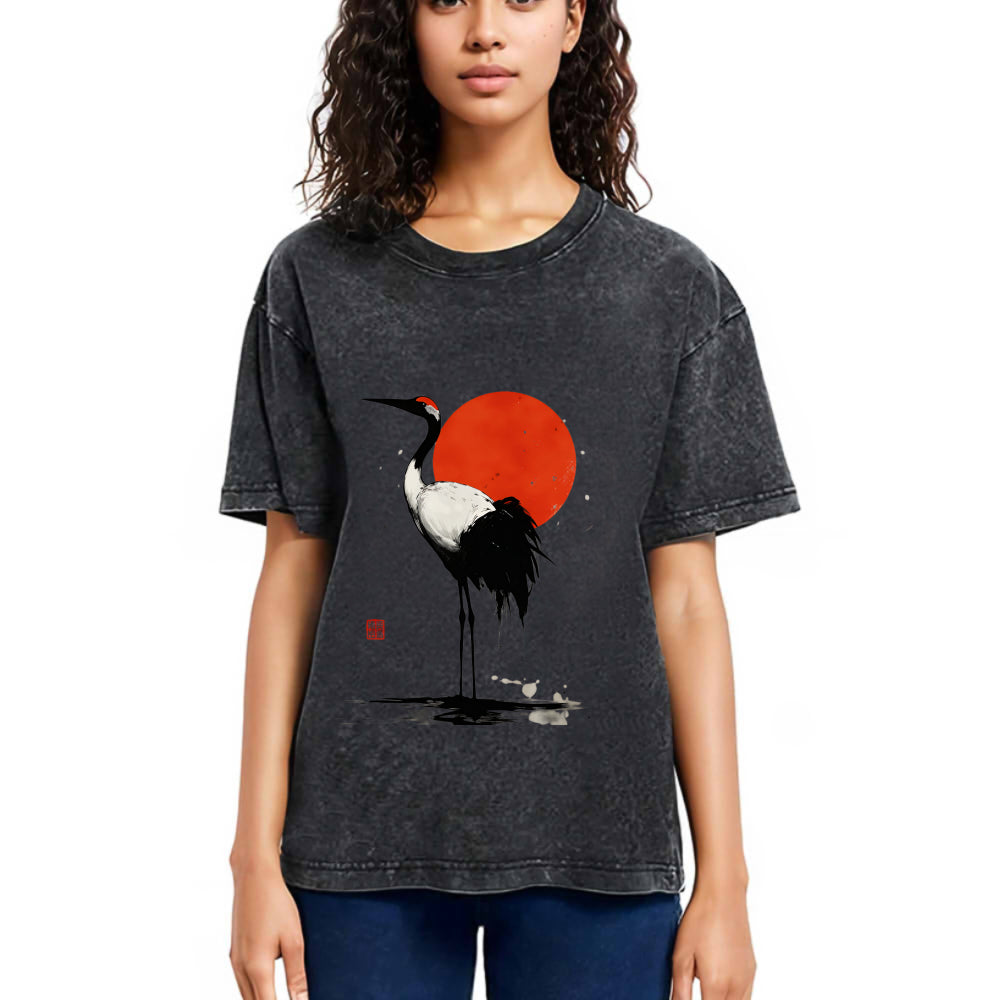 Tokyosol Retro Japanese Red Crowned Crane Washed T Shirt