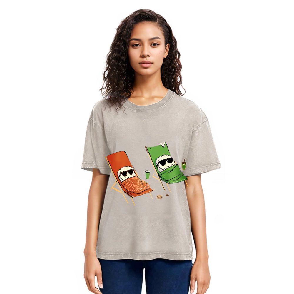 Tokyosol Funny Sushi Sunbathing Washed T Shirt