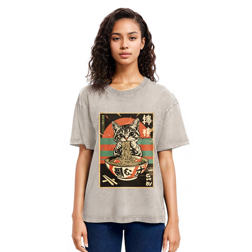 Tokyosol Kawaii Cat Lover Ramen Washed T Shirt