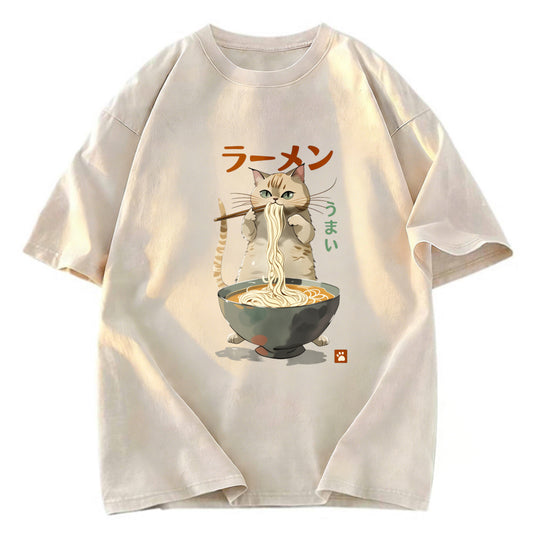 Tokyosol Cute Cat Eating Yummy Ramen Washed T Shirt