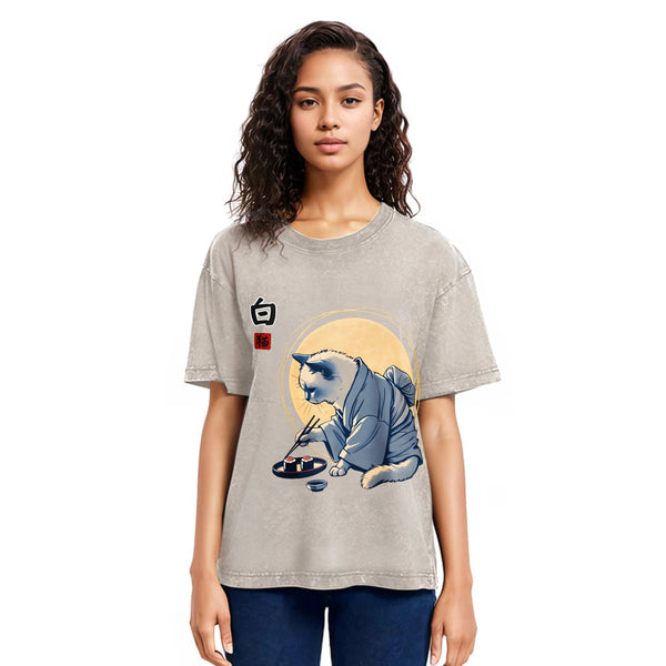 Tokyosol Cute Japanese Sushi Cat Washed T Shirt