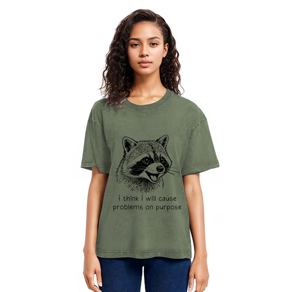 Tokyosol Stupid Raccoon Funny Washed T Shirt